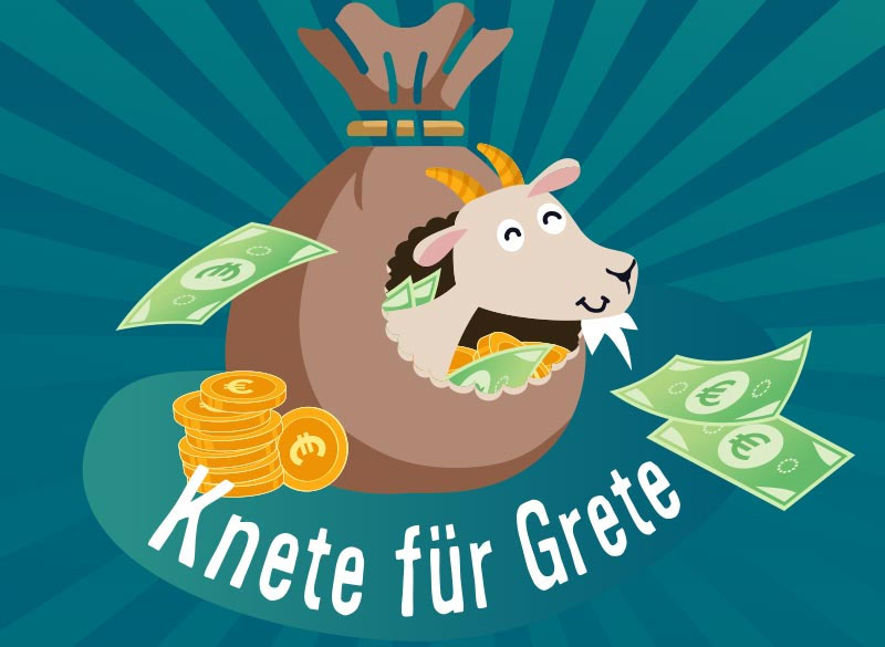 News-Bild Spendenaufruf: Grafik mit einer Ziege, die aus einem Sack mit Geld heraus schaut. Darunter der Text Knete für Grete