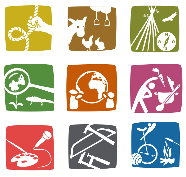 Icons der neun Themenfelder der Umweltstation Jugendfarm Erlangen: Erlebnispädagogik, Tiergestützte Pädagogik, Naturerfahrung, Umweltbildung, Bildung für nachhaltige Entwicklung, Gesundheit & Ernährung, Kreativ.Farm, Handwerk, Abenteuer Farmleben