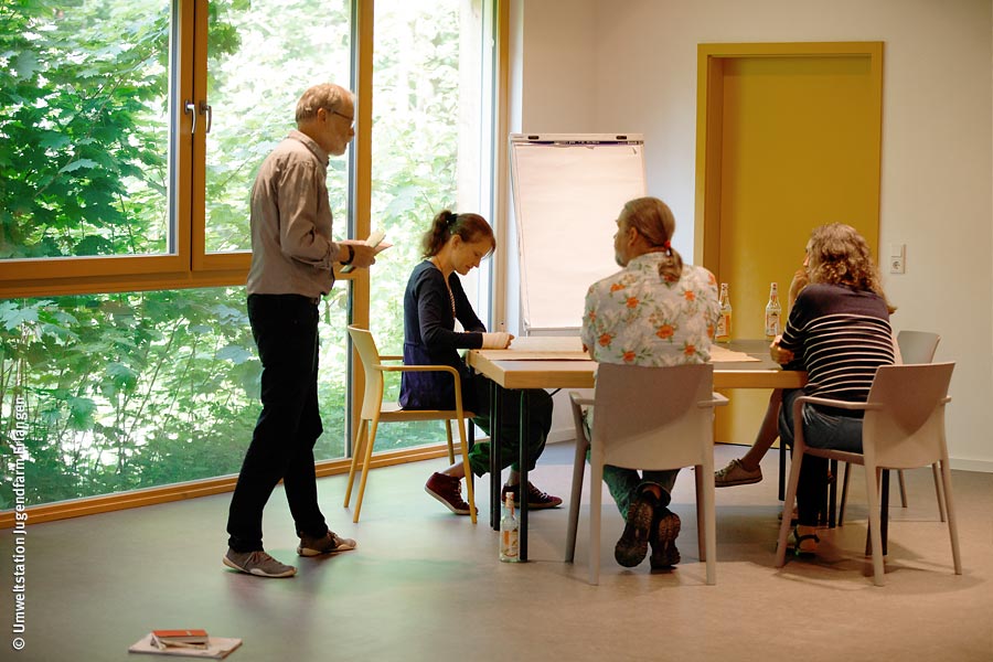 Gruppe Erwachsener bei einem Workshop im Tagungsraum der Jugendfarm